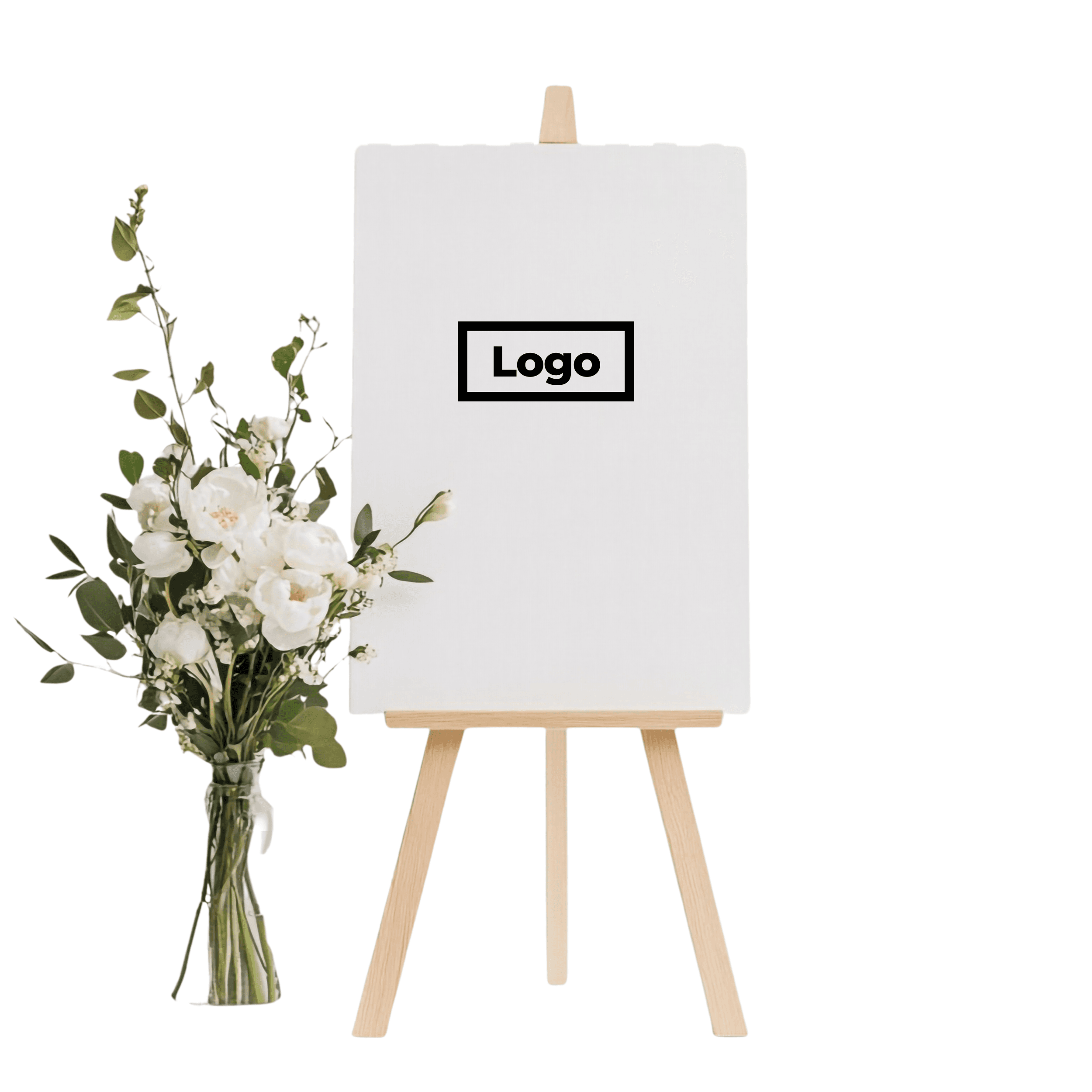 Welcome board on a wooden easel beside a bouquet